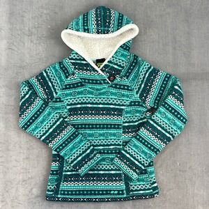 Koppen Women Small Turquoise Tribal Fleece Sherpa Lined Hooded Pullover Top